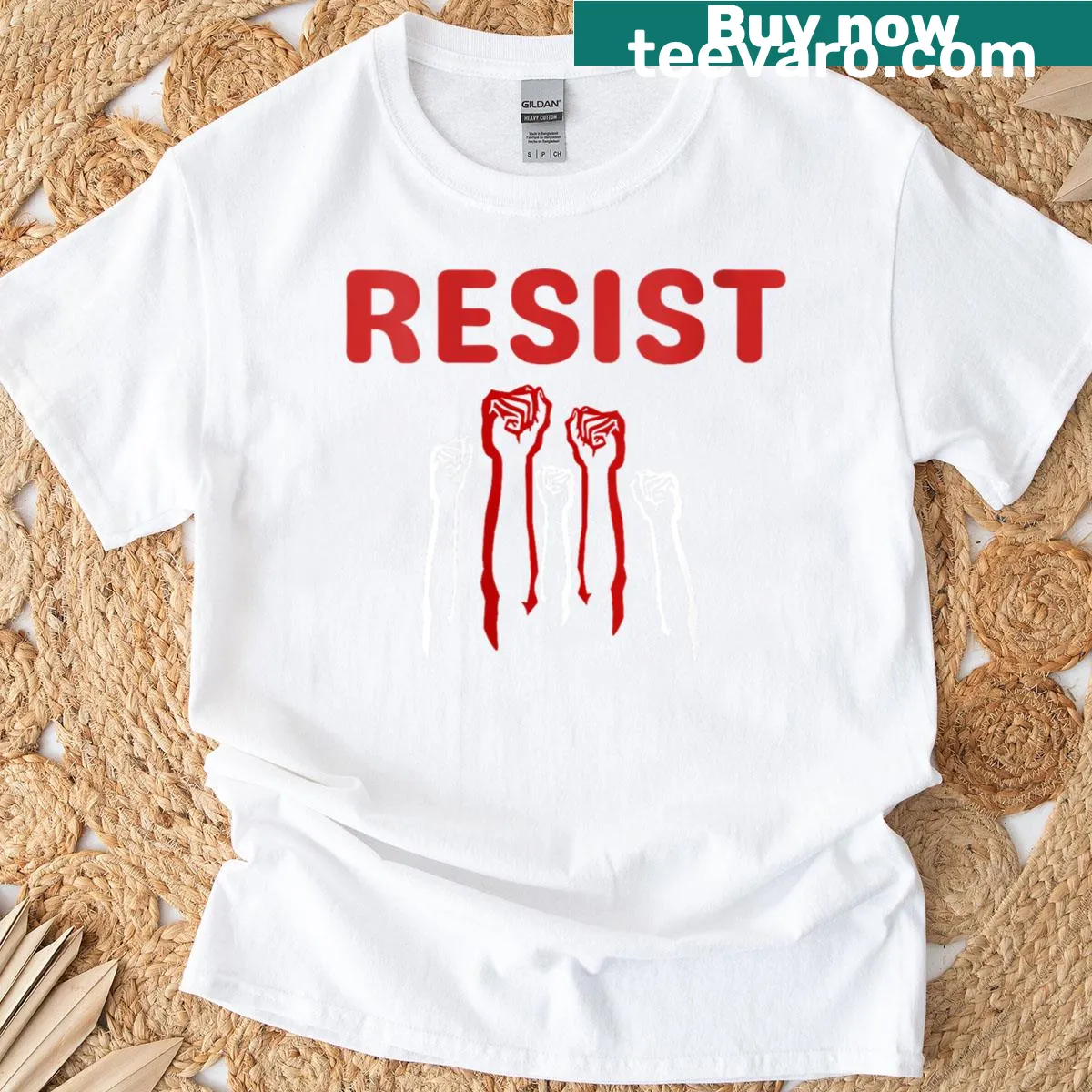 Resistance statement shirt with fist graphic for women — on a men's t-shirt