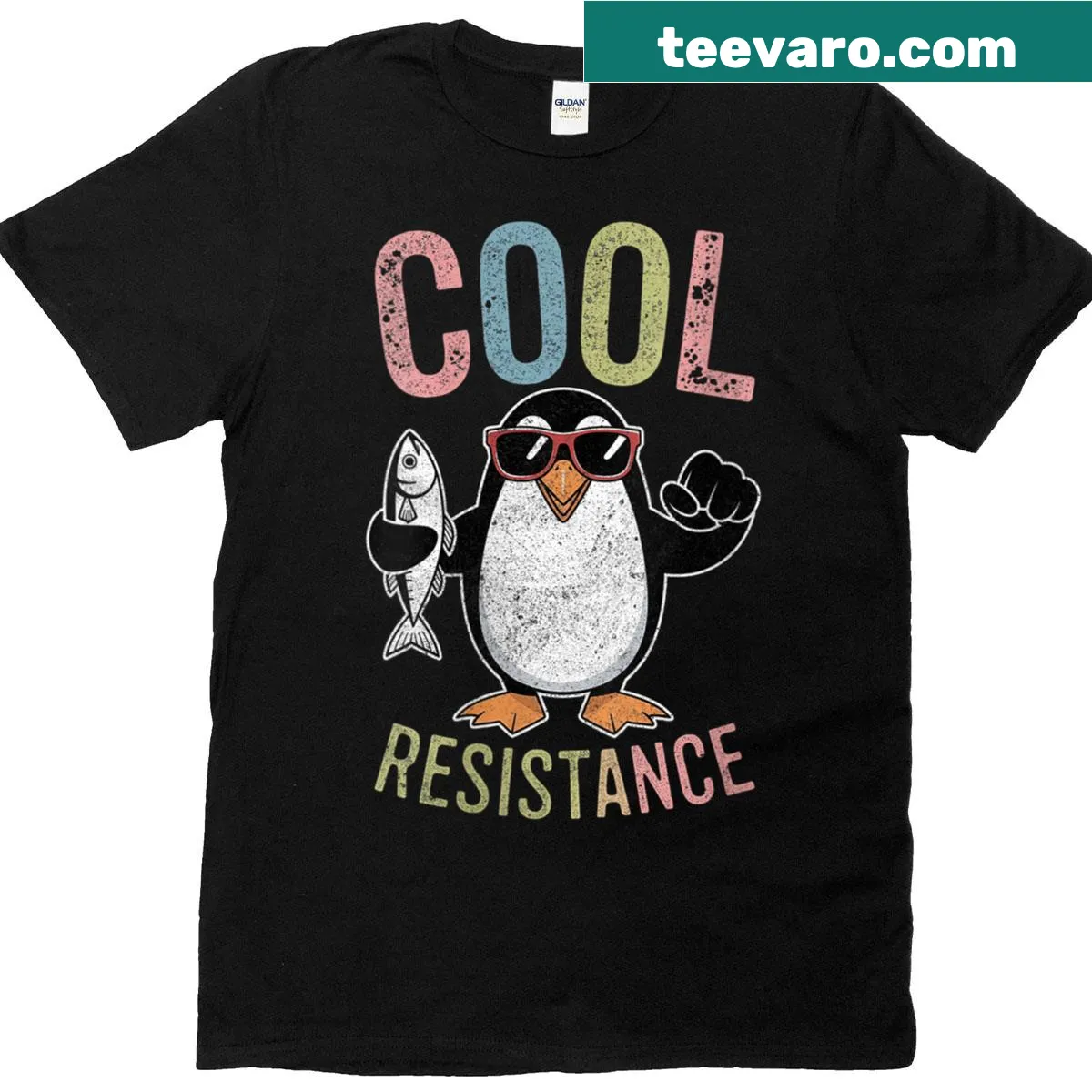 Edgy penguin emblem T-shirt with protest message for women. — on a men's t-shirt