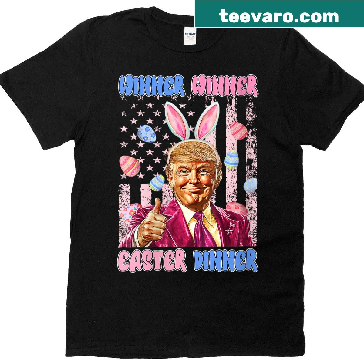 Funny Easter t-shirt with 'Winner Winner Easter Dinner' and Trump reference — on a men's t-shirt