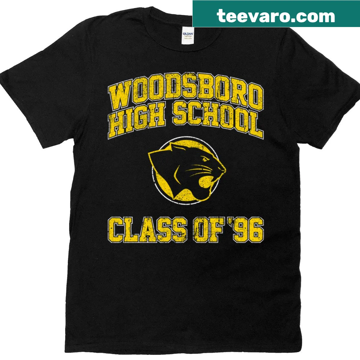 Woodsboro High School Class of 96 t-shirt — on a men's t-shirt