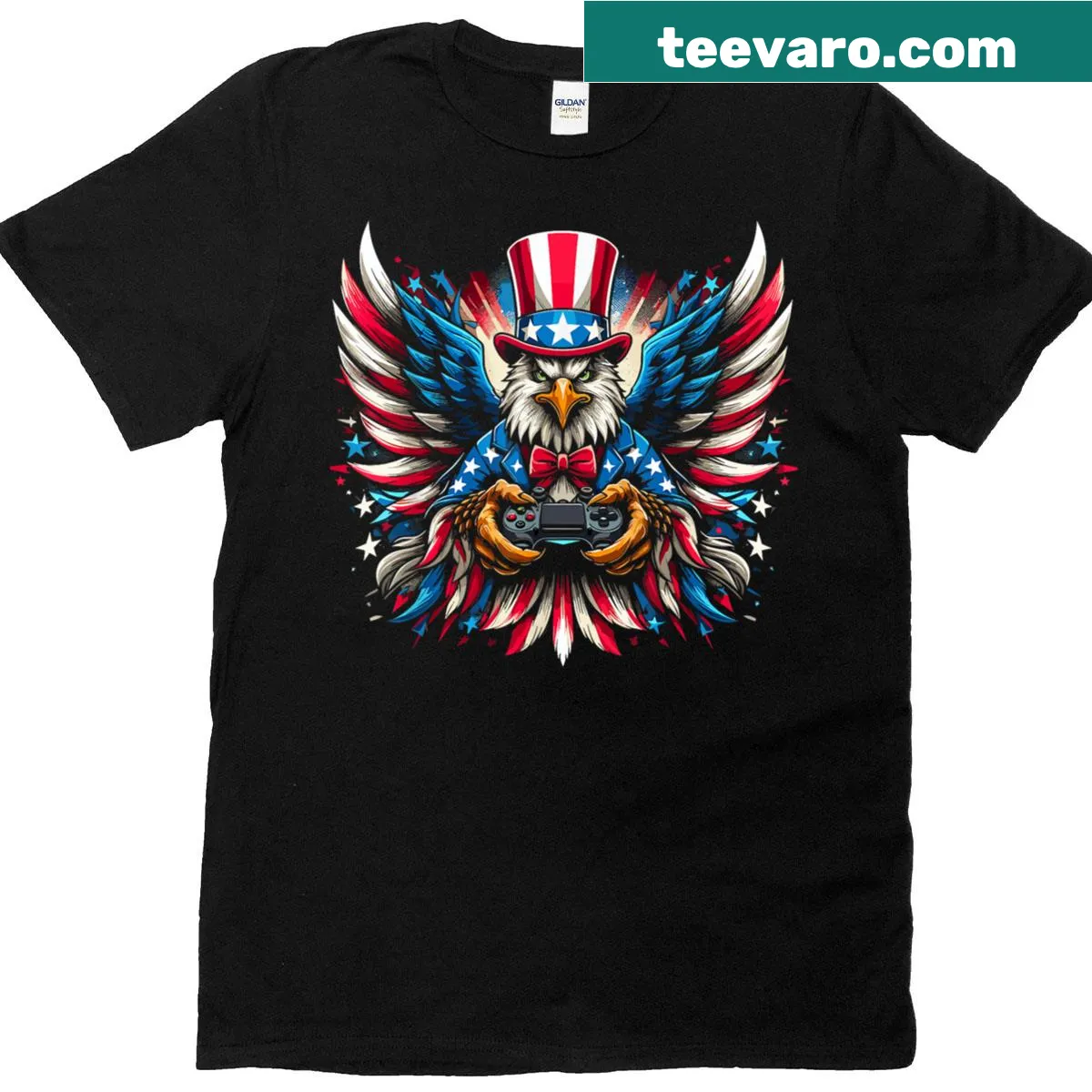 Kids T-shirt with cartoon bald eagle and American flag for 4th of July — on a men's t-shirt