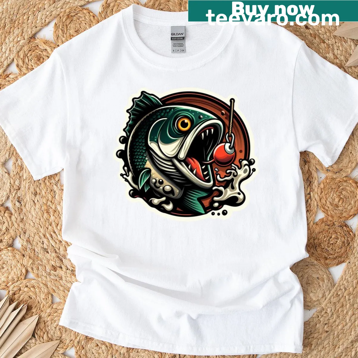 Illustration of a fish leaping for a lure at a serene lake — on a men's t-shirt