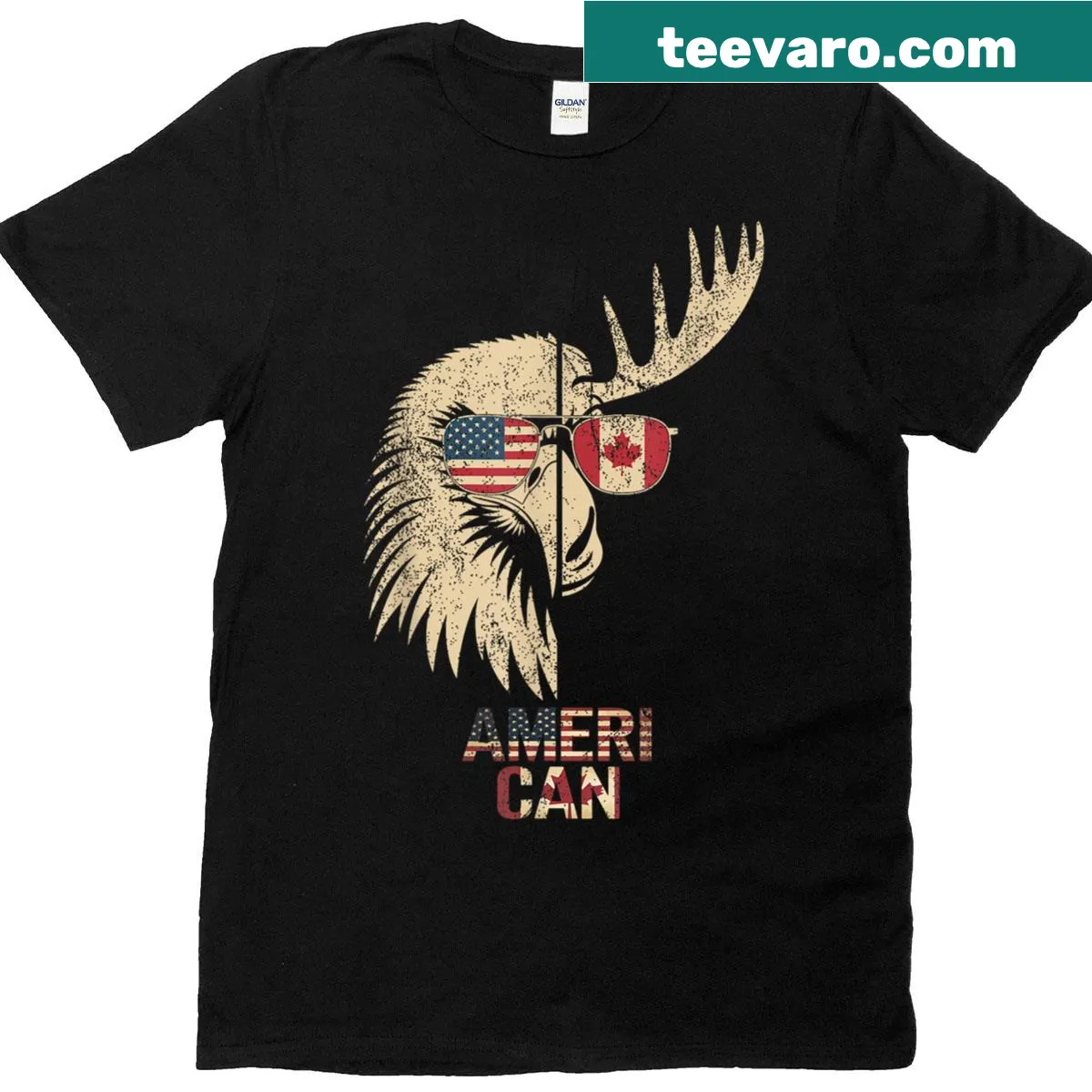 T-shirt featuring Canadian and American flags for 4th of July — on a men's t-shirt