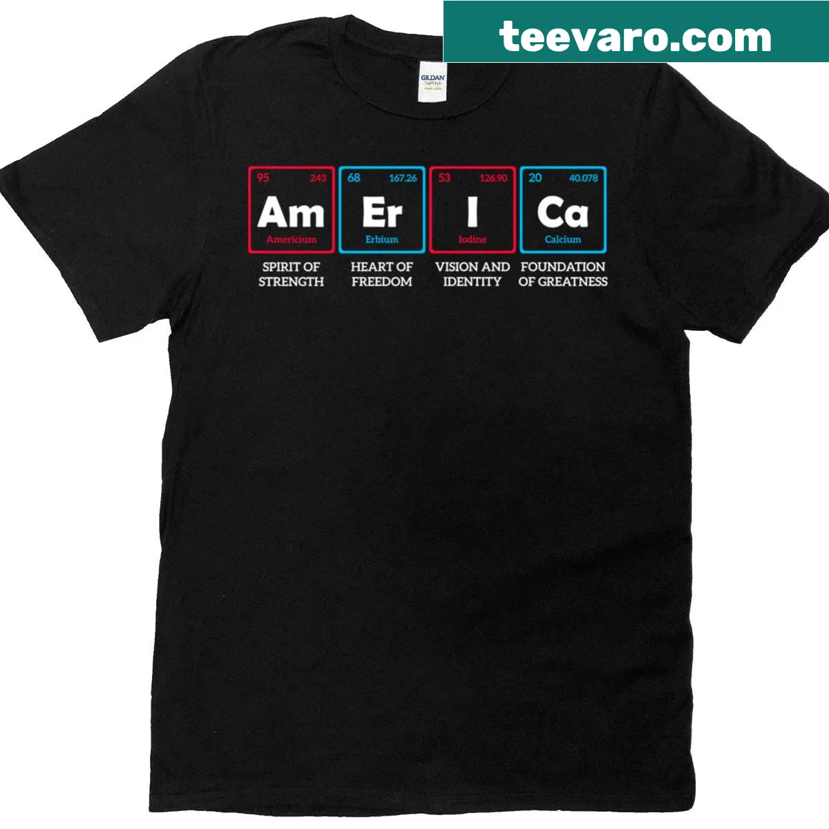 T-shirt featuring the periodic table spelling America in a patriotic design — on a men's t-shirt
