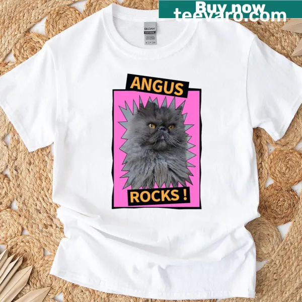 Graphic tee with a happy rock and the text 'Angus Rocks'