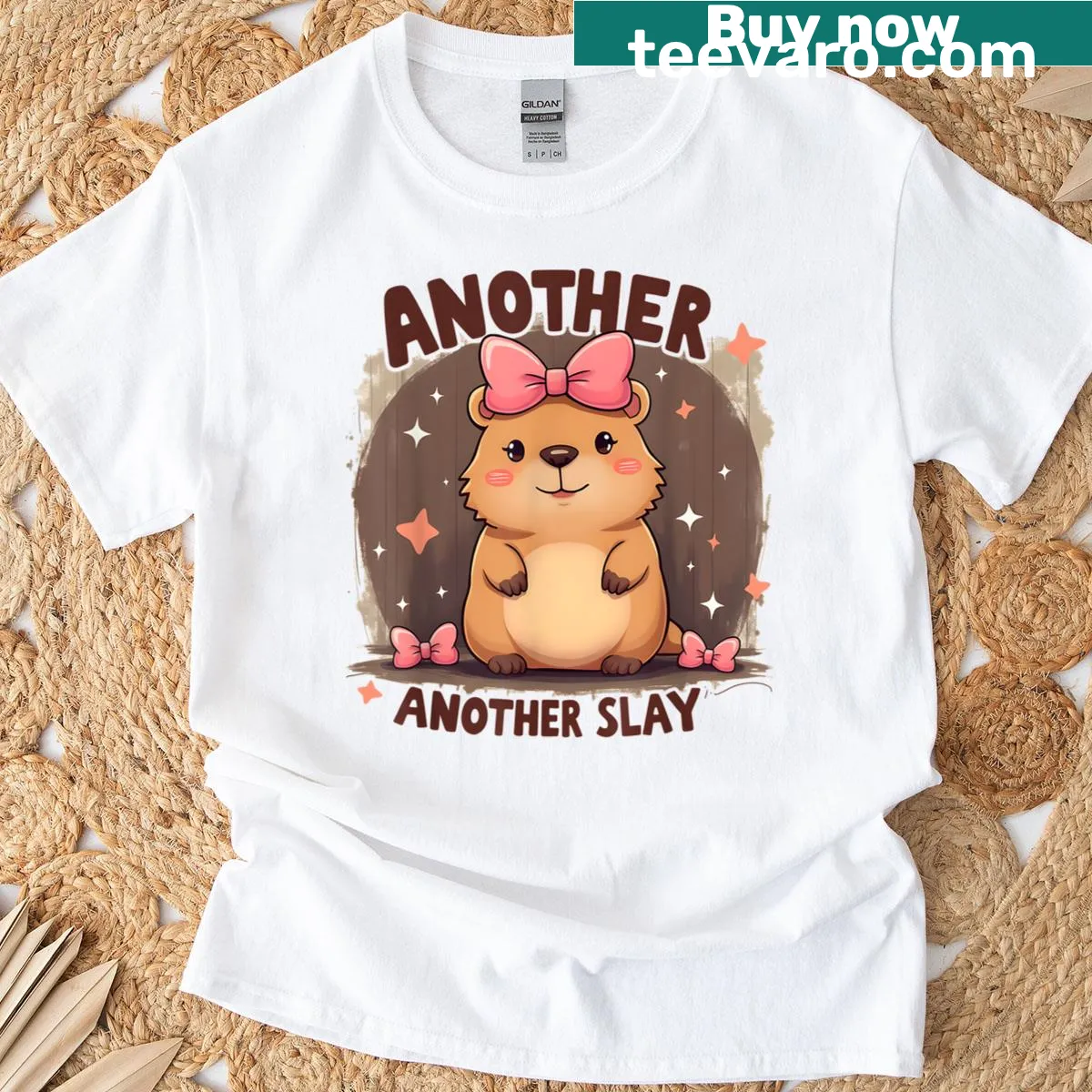 Cute capybara T-shirt with pink bow, designed for capybara lovers — on a men's t-shirt