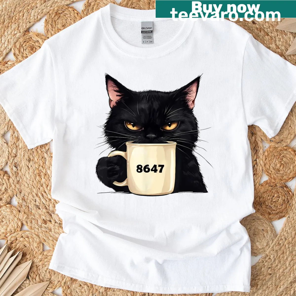 Dark humor T-shirt featuring a black cat and political phrase — on a men's t-shirt