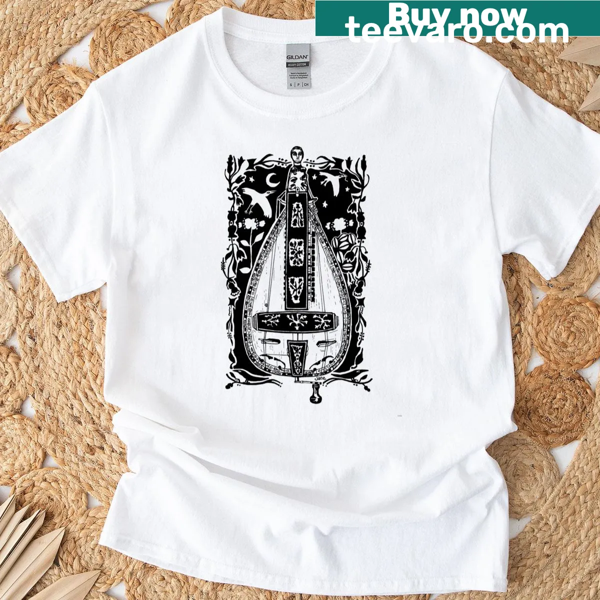 T-shirt with an illustration of an antique hurdy-gurdy and birds. — on a men's t-shirt