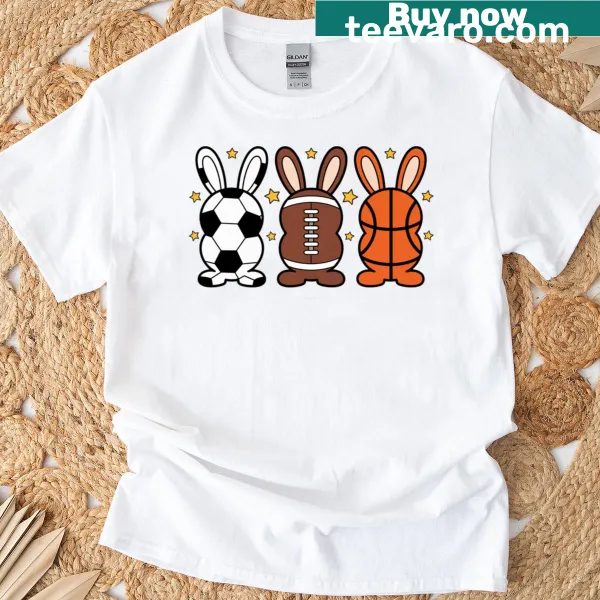 Sporty Easter T-shirt with basketball, baseball, football, and bunnies