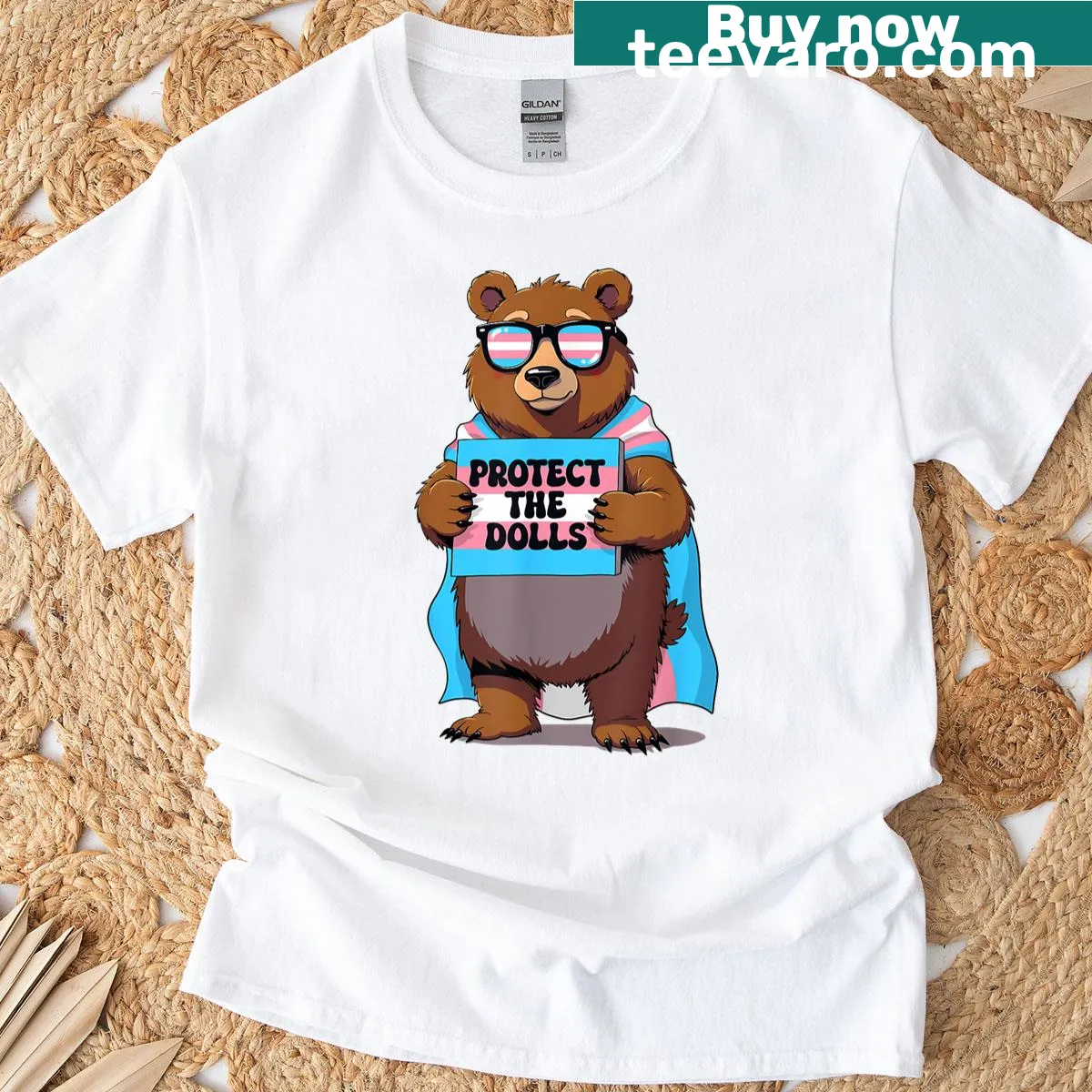 Pride t-shirt with bear graphic supporting trans kids — on a men's t-shirt