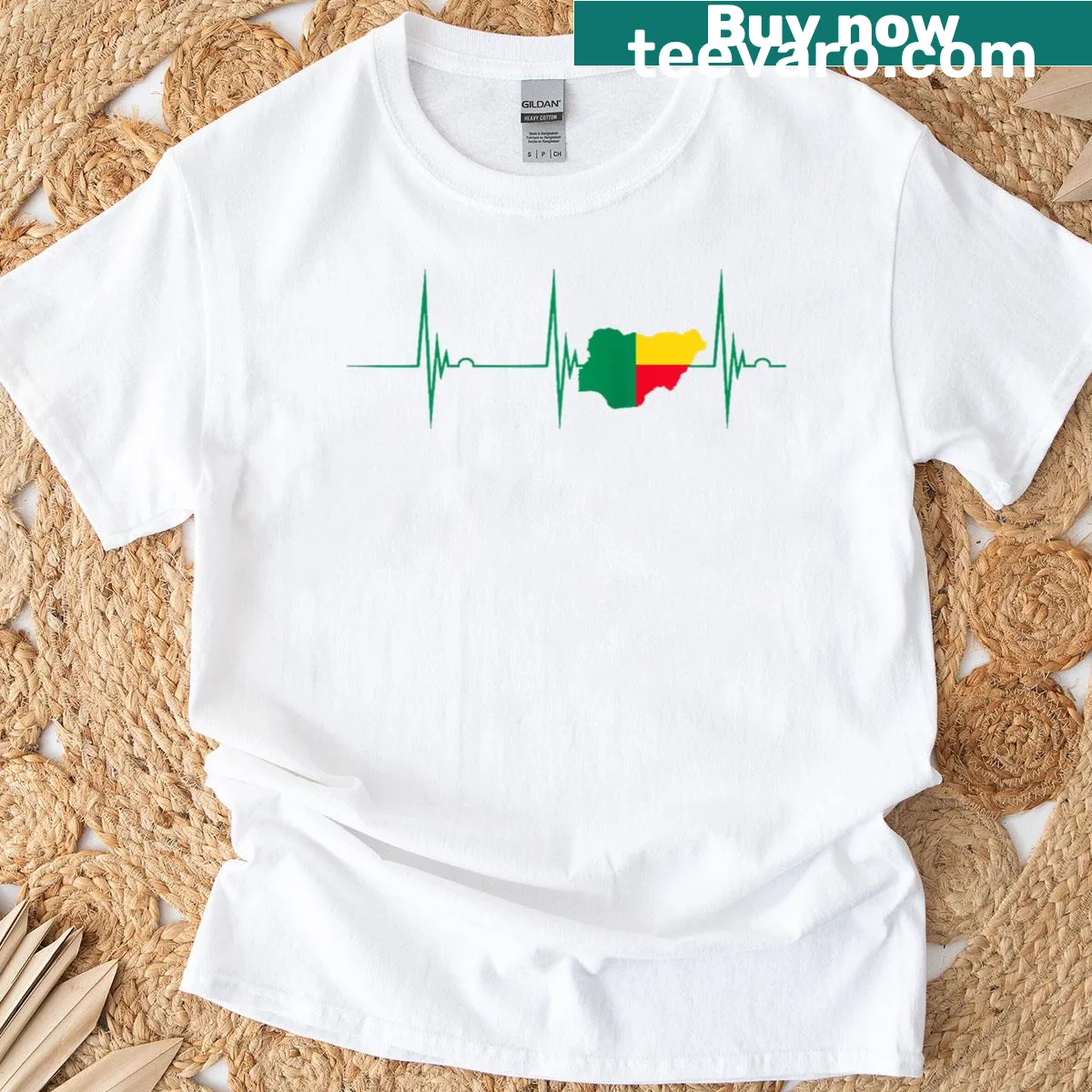 T-shirt with Benin flag and heartbeat graphic — on a men's t-shirt