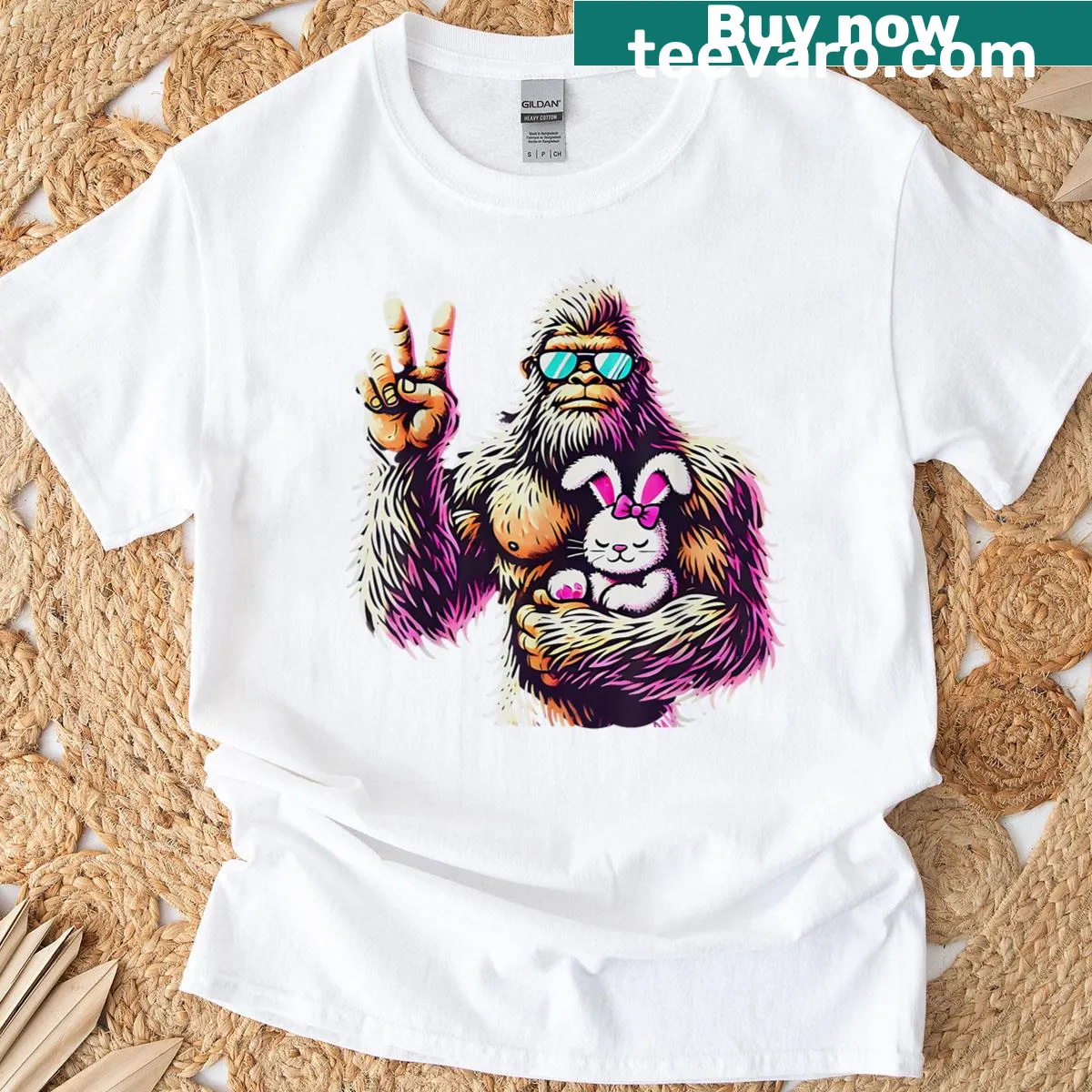 Funny Easter T-shirt featuring Bigfoot and a bunny cartoon. — on a men's t-shirt