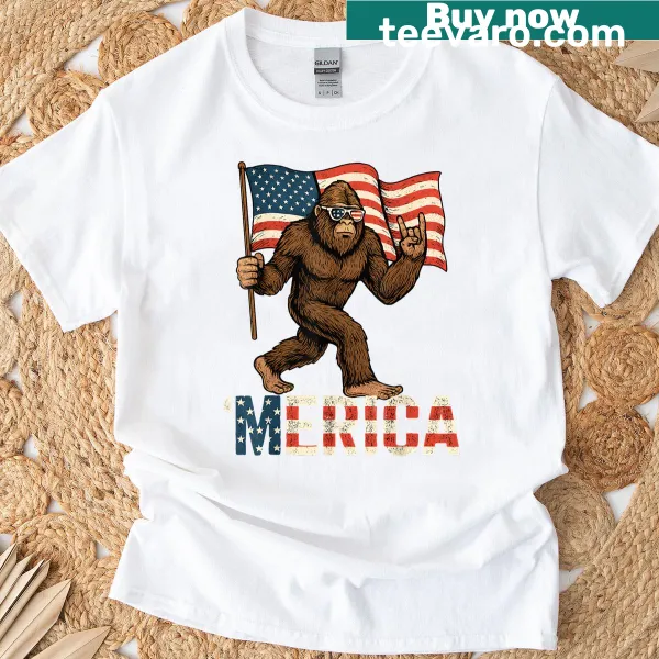 Patriotic Bigfoot t-shirt featuring American flag design