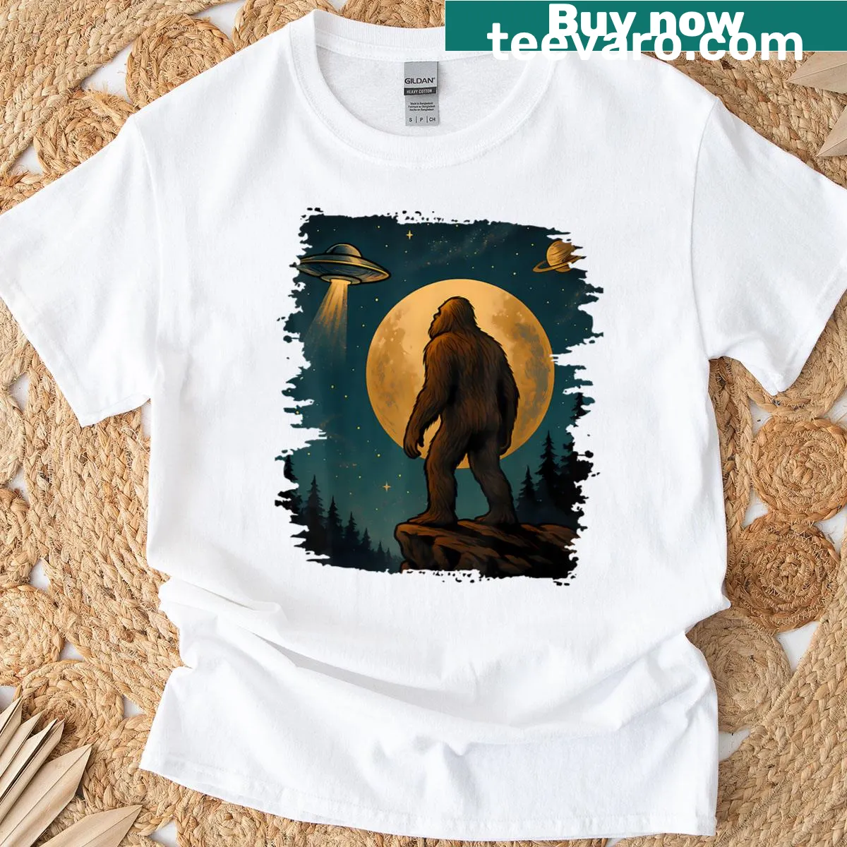 Retro t-shirt depicting a Bigfoot UFO encounter — on a men's t-shirt