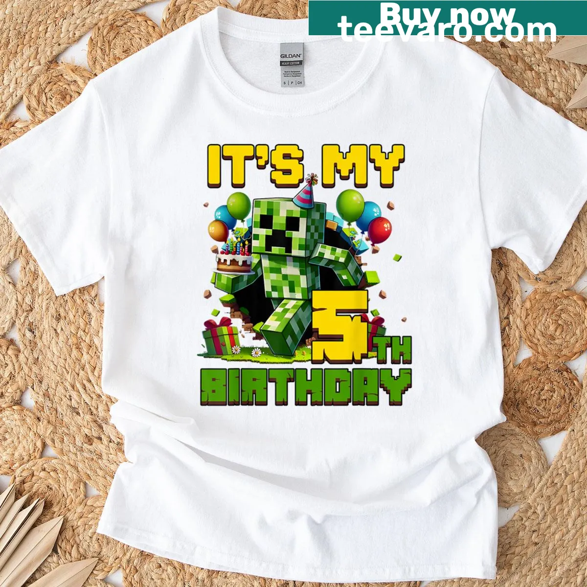 Pixel gamer birthday shirt for a 5-year-old — on a men's t-shirt