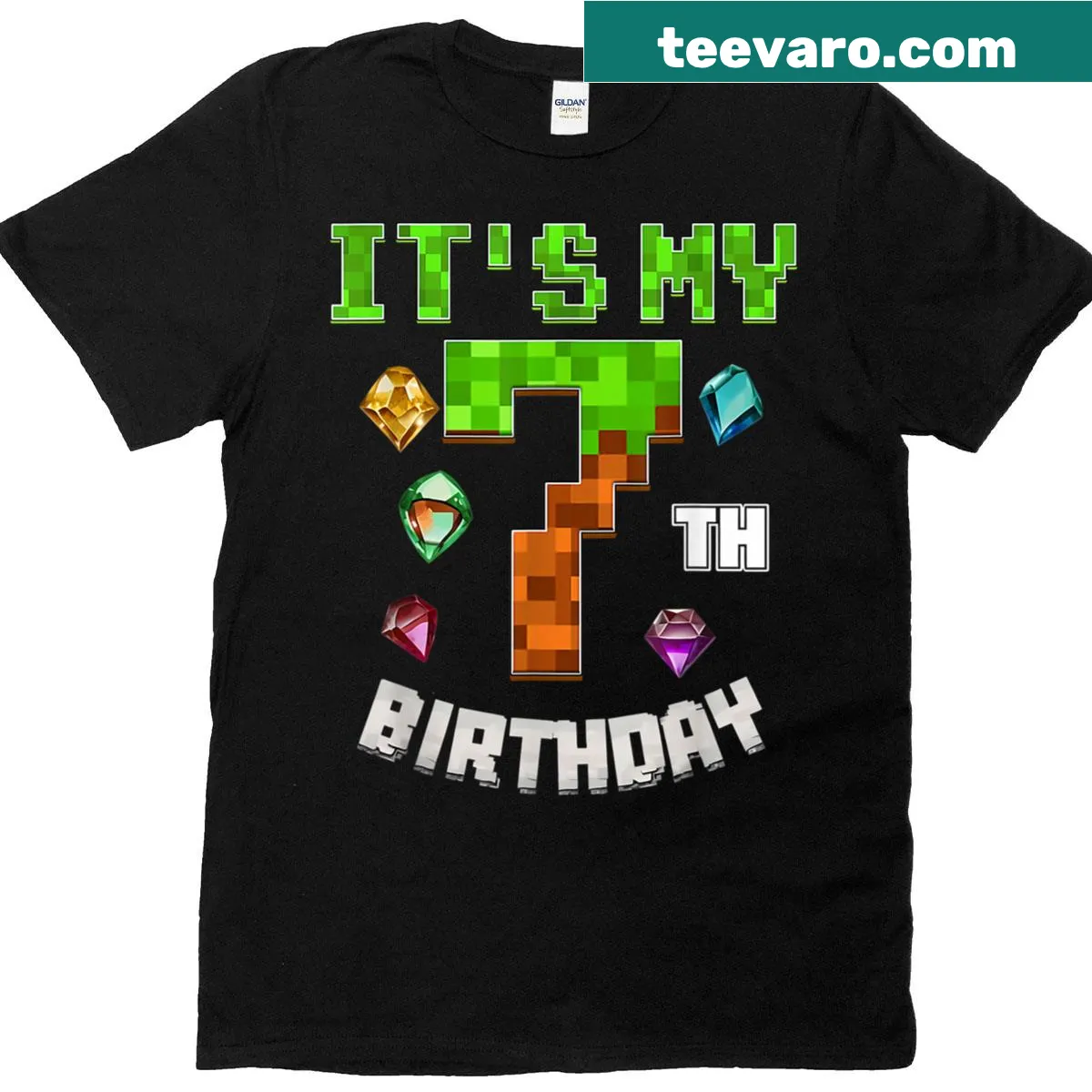 Pixelated video game graphic for 7th birthday t-shirt — on a men's t-shirt