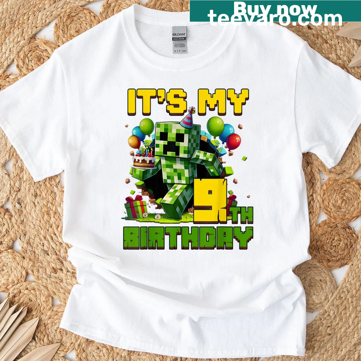 Pixel gamer birthday shirt for a 9-year-old — on a men's t-shirt