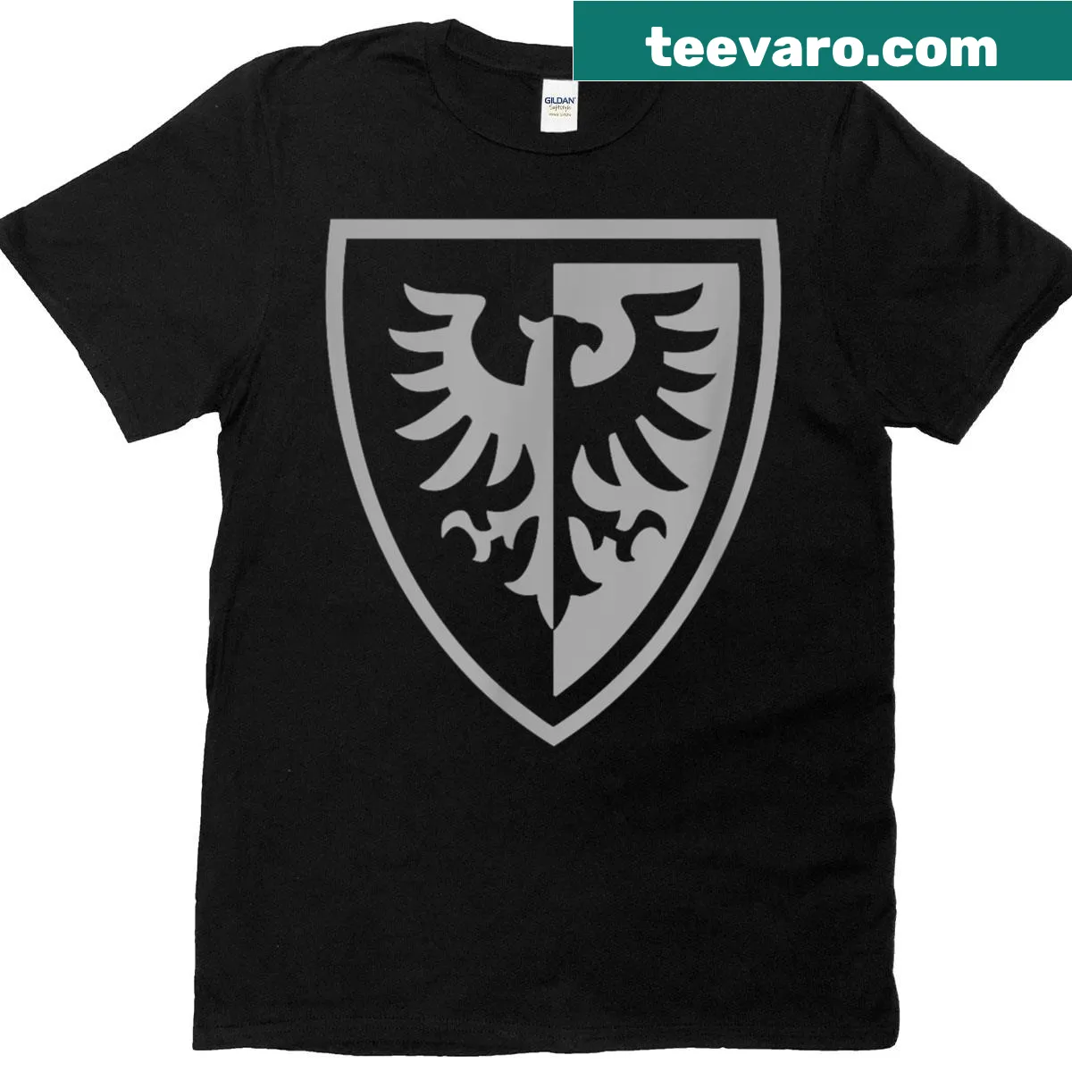 Cartoon-style t-shirt featuring a knight shield and falcon design — on a men's t-shirt