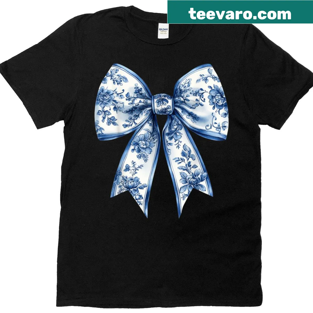 Charming T-shirt with a blue Toile de Jouy pattern and bow design — on a men's t-shirt
