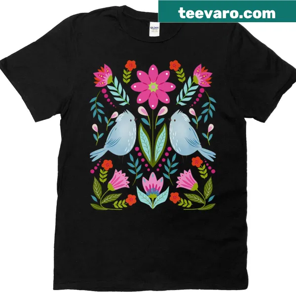 Boho-style T-shirt with blue birds and floral design