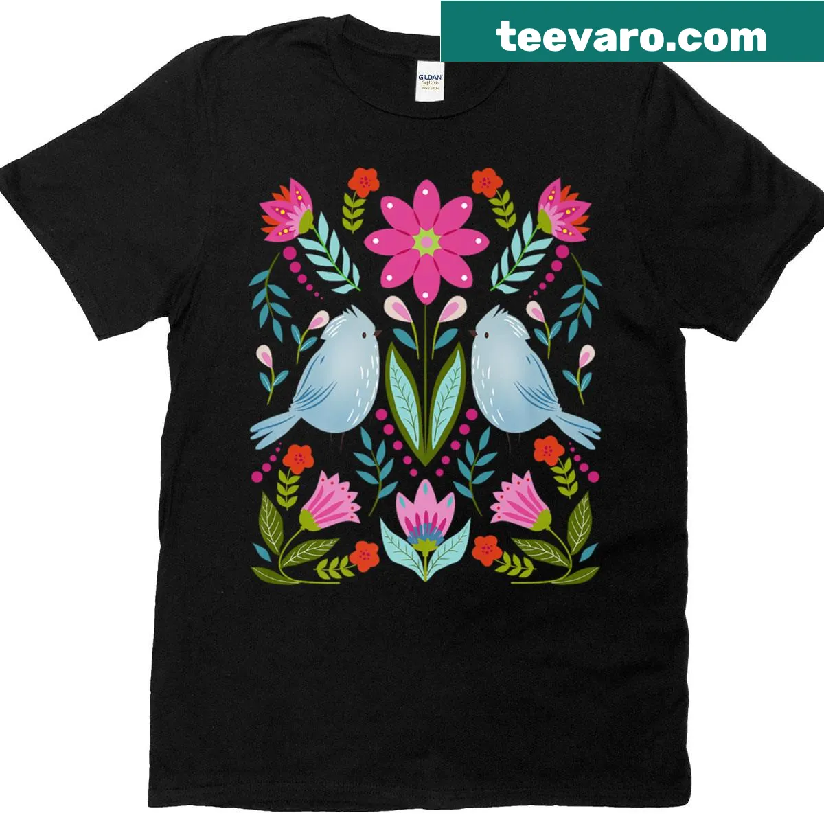 Boho-style T-shirt with blue birds and floral design — on a men's t-shirt