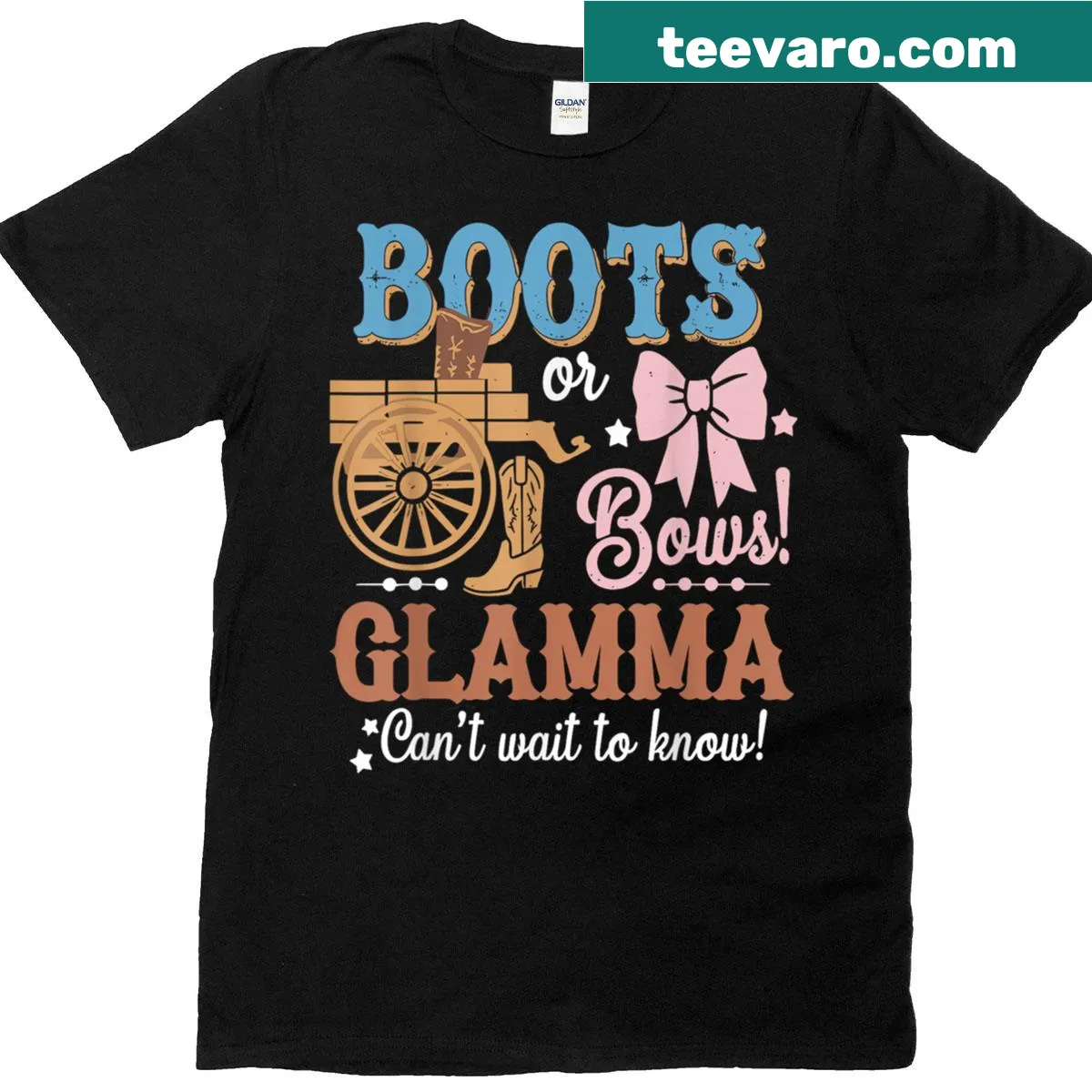 Fun T-shirt with 'Boots Or Bows' graphic for gender reveal parties — on a men's t-shirt