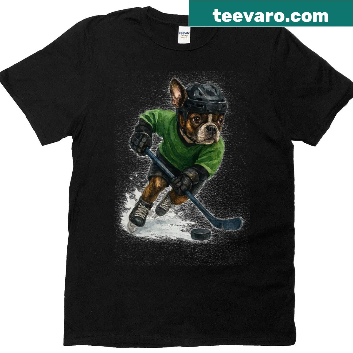 Boston Terrier in hockey gear illustration on a t-shirt — on a men's t-shirt