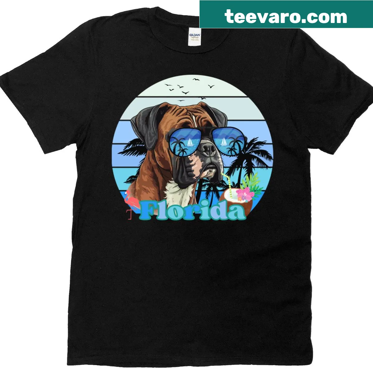 Boxer Dog in a beach scene T-shirt — on a men's t-shirt