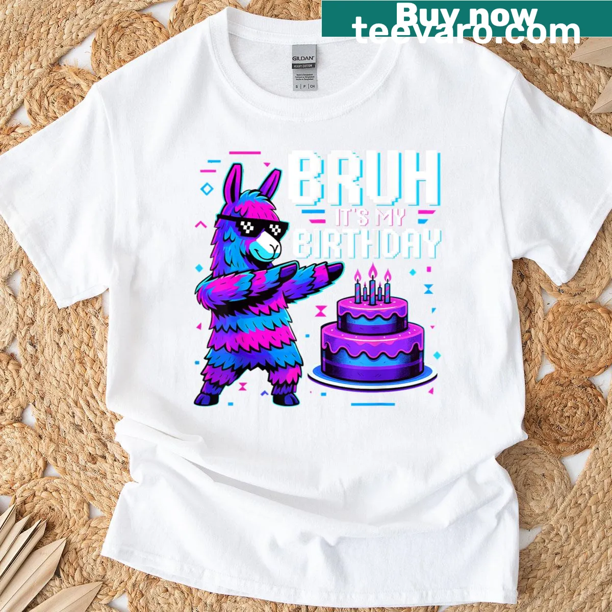 Birthday T-shirt with a whimsical llama pinata graphic and text — on a men's t-shirt