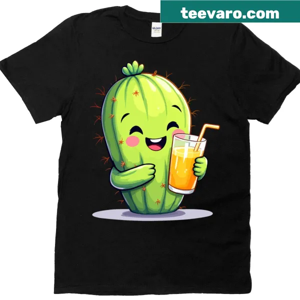 Cactus holding a drink illustration on an oversized t-shirt