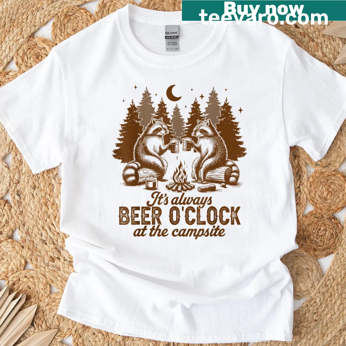 Playful t-shirt with a raccoon enjoying camping and beer — on a men's t-shirt