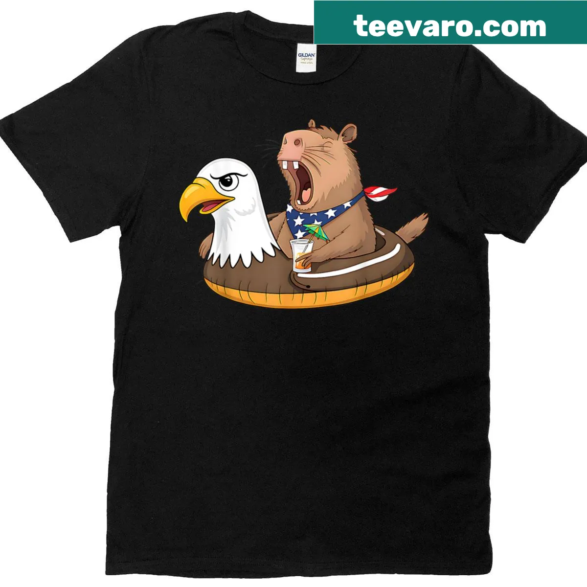 Funny capybara pool party T-shirt for 4th of July — on a men's t-shirt