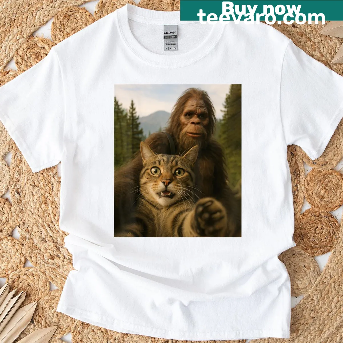 Funny illustration of a cat with Sasquatch on a t-shirt — on a men's t-shirt