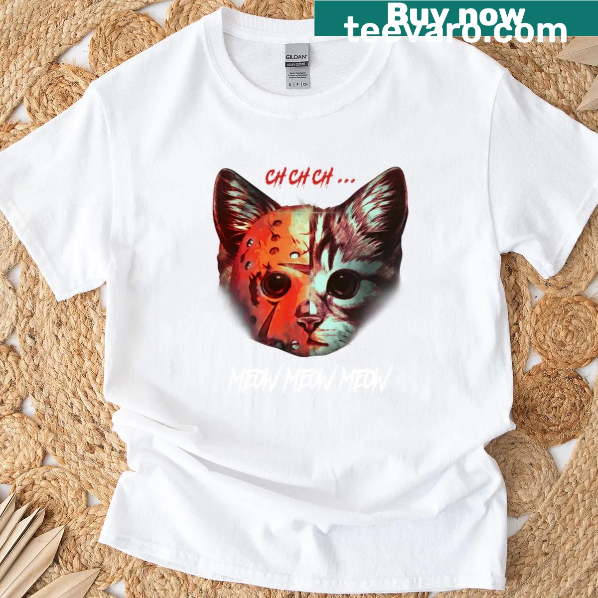 Cute Halloween-themed cat graphic — on a men's t-shirt