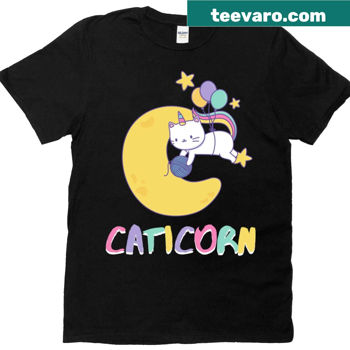 Caticorn unicorn cat graphic t-shirt — on a men's t-shirt