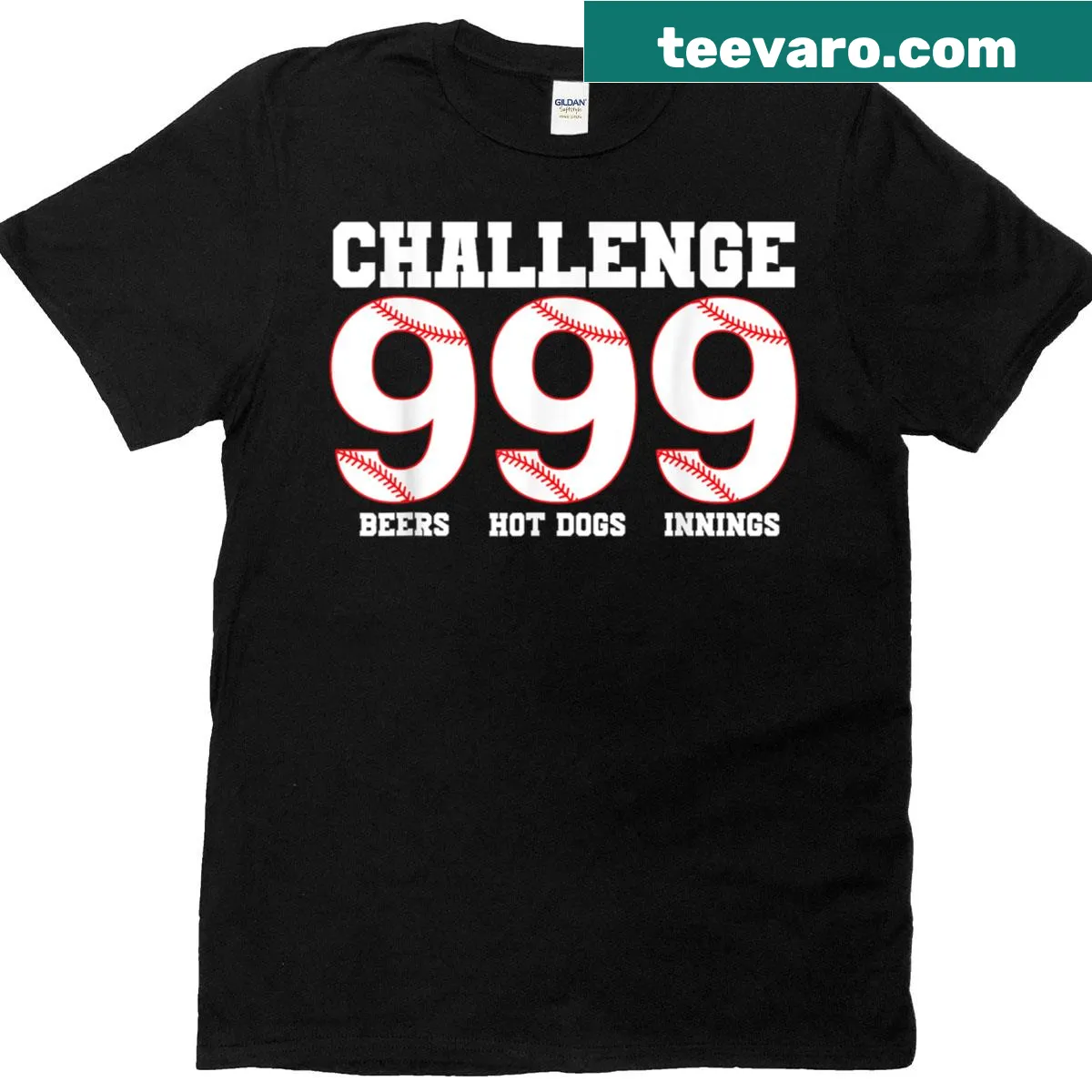 Challenge 999 Beers Hot Dogs Baseball t-shirt with fun text — on a men's t-shirt