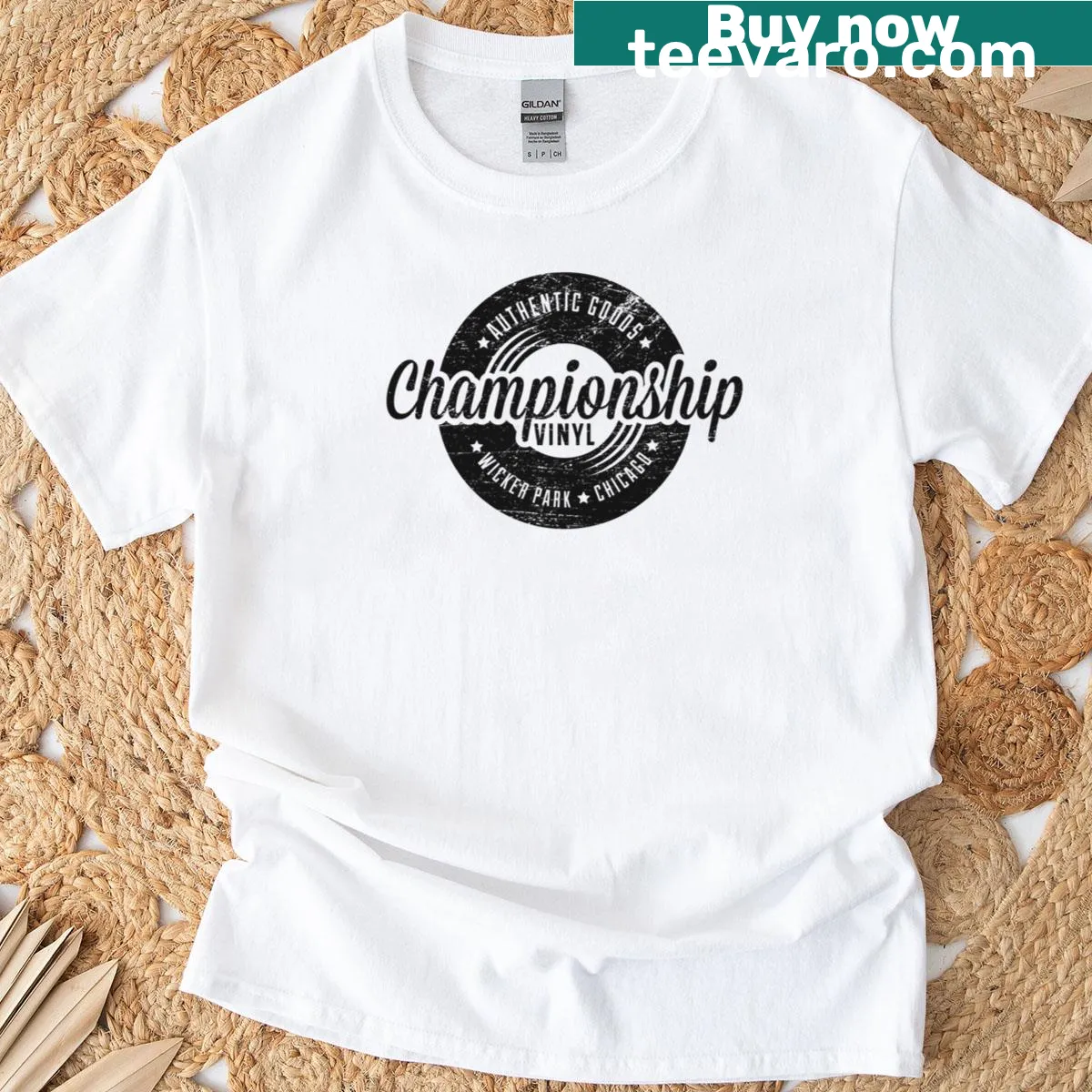 Vintage-style t-shirt with a worn vinyl record design — on a men's t-shirt