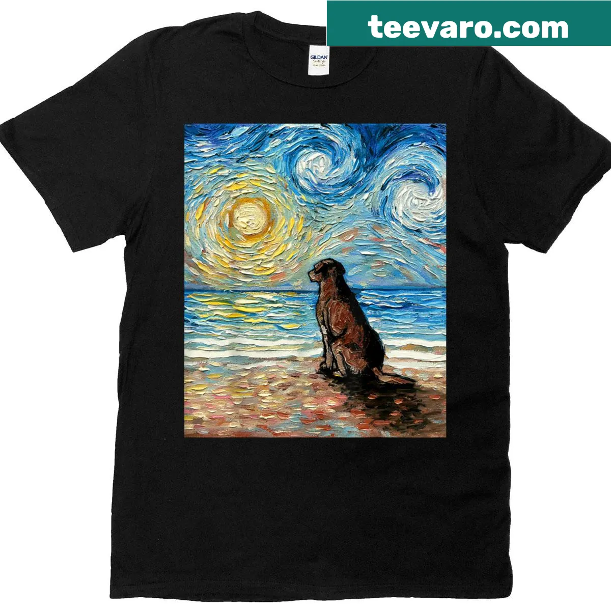 Chocolate Labrador on a starry night beach T-shirt — on a men's t-shirt