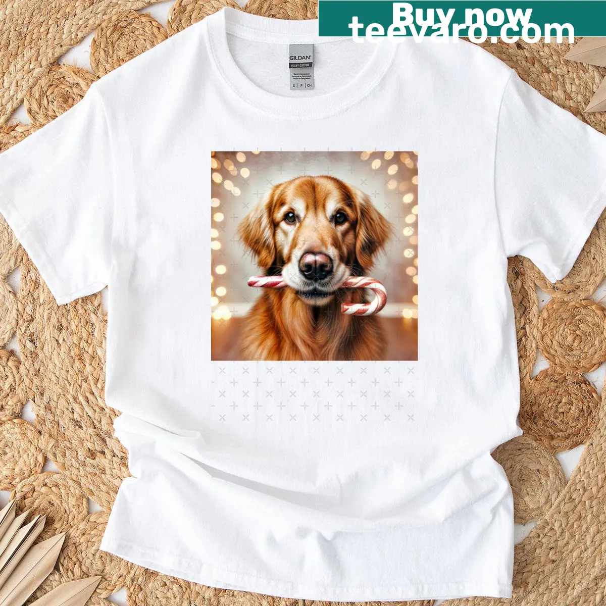Christmas t-shirt featuring a Golden Retriever with a candy cane illustration — on a men's t-shirt