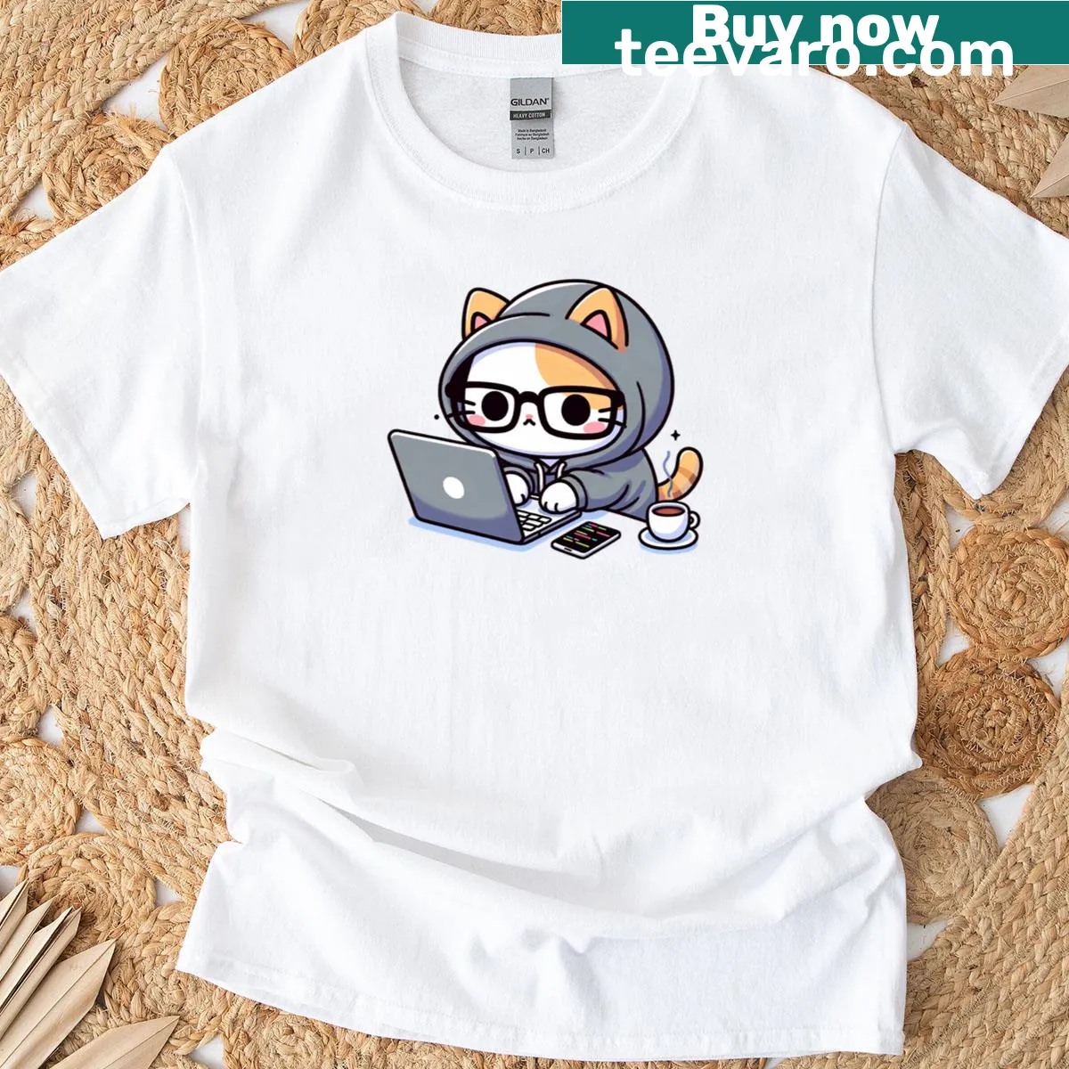 Playful T-shirt with a cartoon cat and coffee theme for coders — on a men's t-shirt