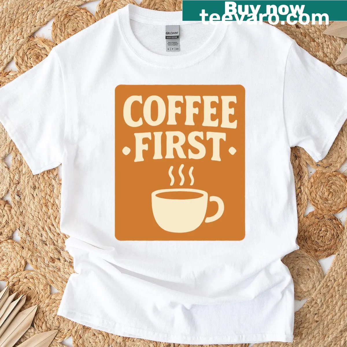 Retro coffee-themed t-shirt with a whimsical coffee cup illustration — on a men's t-shirt