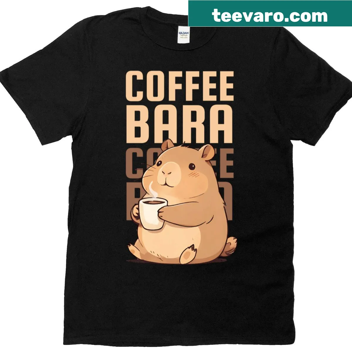 Playful illustration of a capybara drinking coffee — on a men's t-shirt