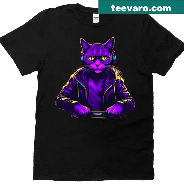 Cartoon DJ cat design on an oversized t-shirt