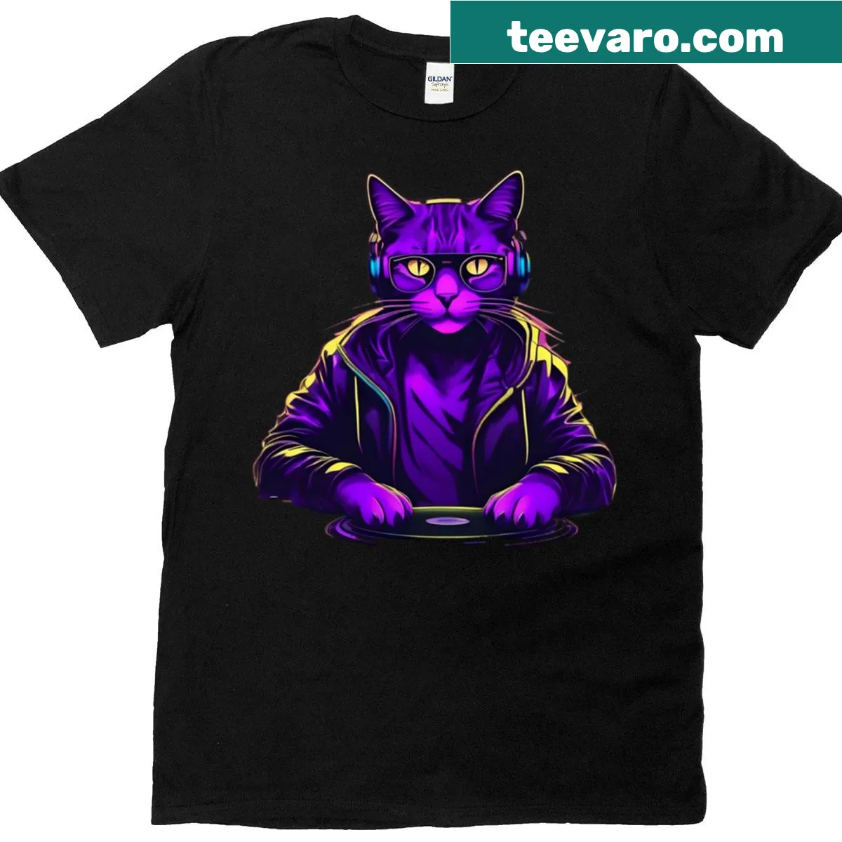 Cartoon DJ cat design on an oversized t-shirt — on a men's t-shirt