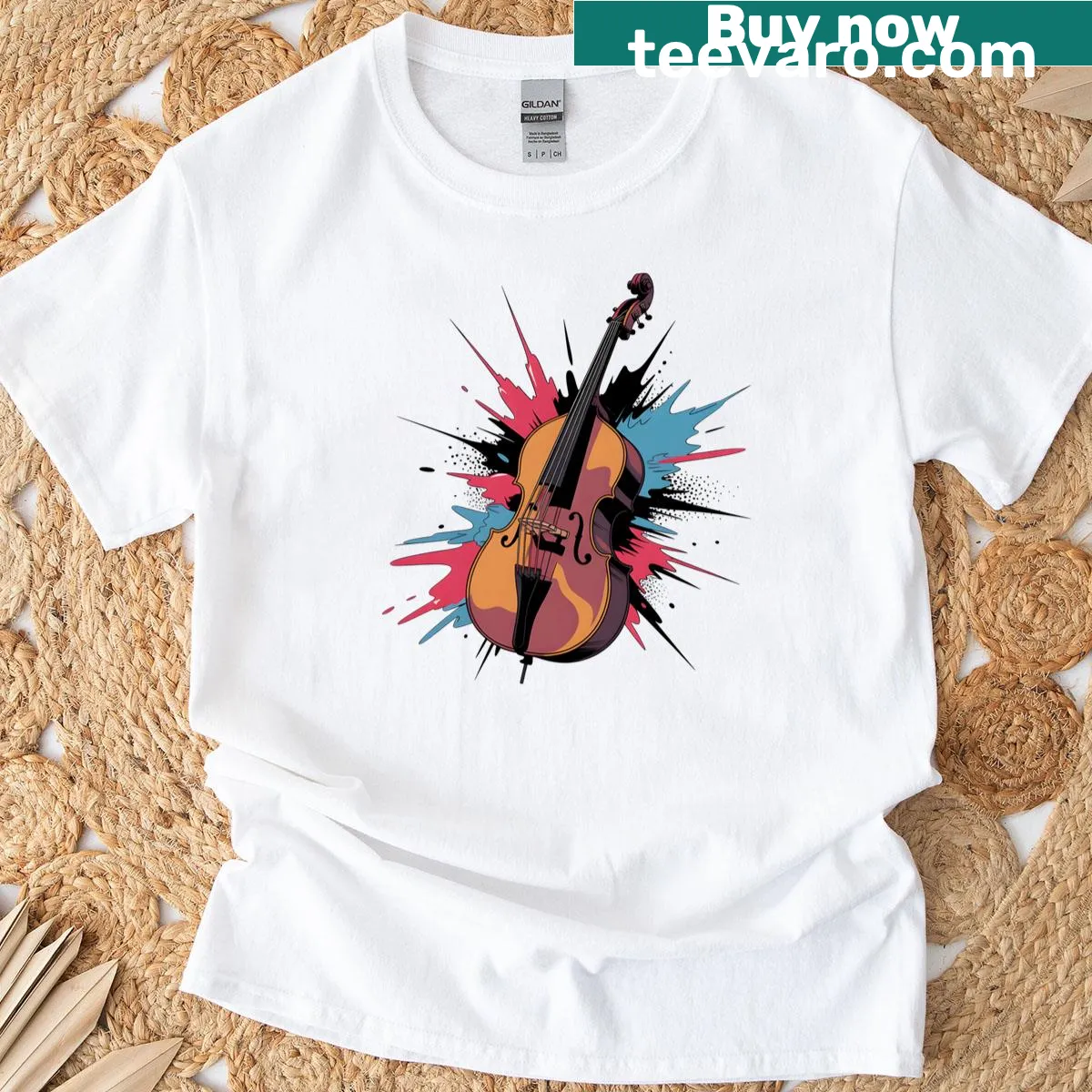 Abstract violin splash art graphic on a t-shirt — on a men's t-shirt