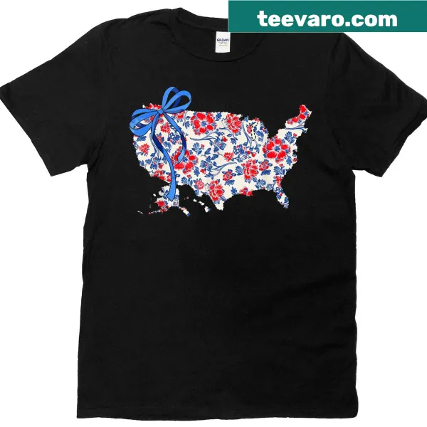Floral America map graphic t-shirt with bow for Independence Day