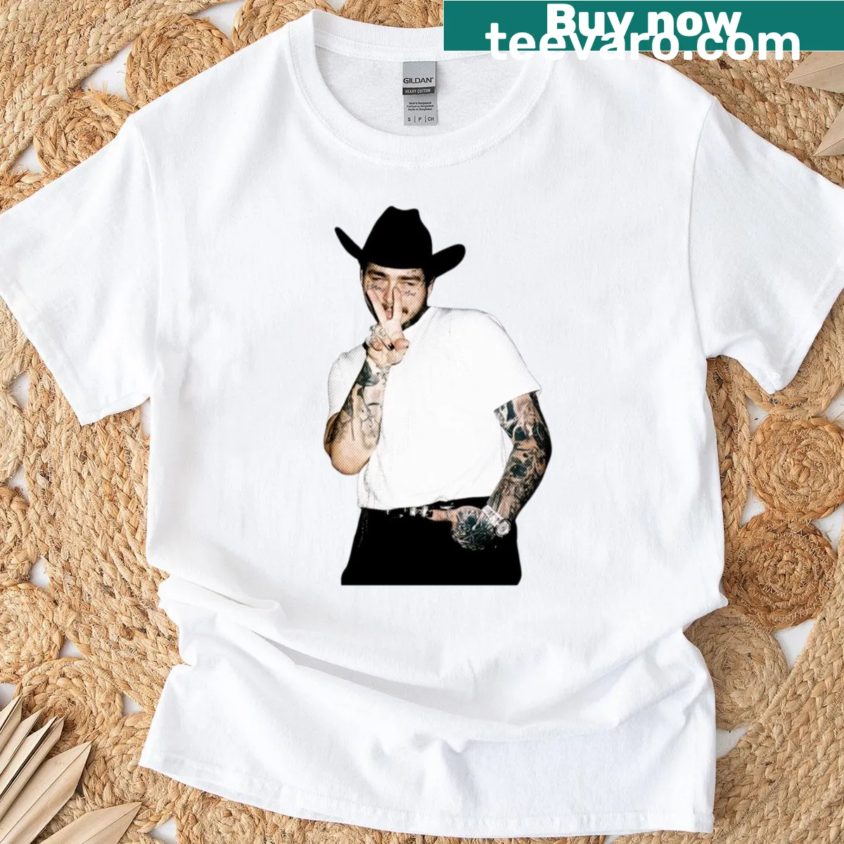 Illustrative T-shirt featuring charming country post design — on a men's t-shirt