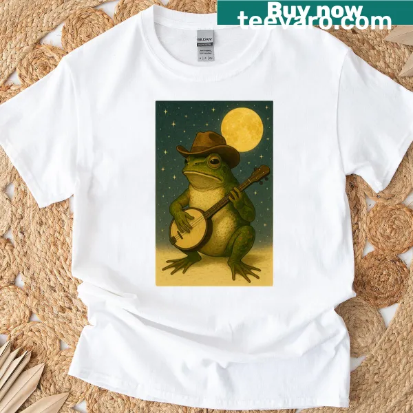 Cartoon cowboy frog graphic on a t-shirt