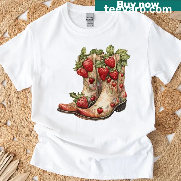 Whimsical boots and strawberries graphic on a women's t-shirt
