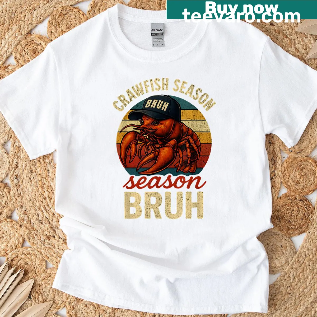 Retro-style t-shirt celebrating crawfish season with festival elements — on a men's t-shirt